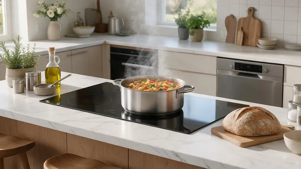 Stainless steel pot with steaming vegetables on a black glass cooktop in a bright kitchen.