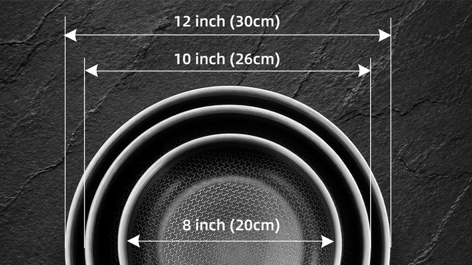 Deluxe Cookware three-piece nesting frying pan set with 8 inch, 10 inch and 12 inch sizes on dark slate background