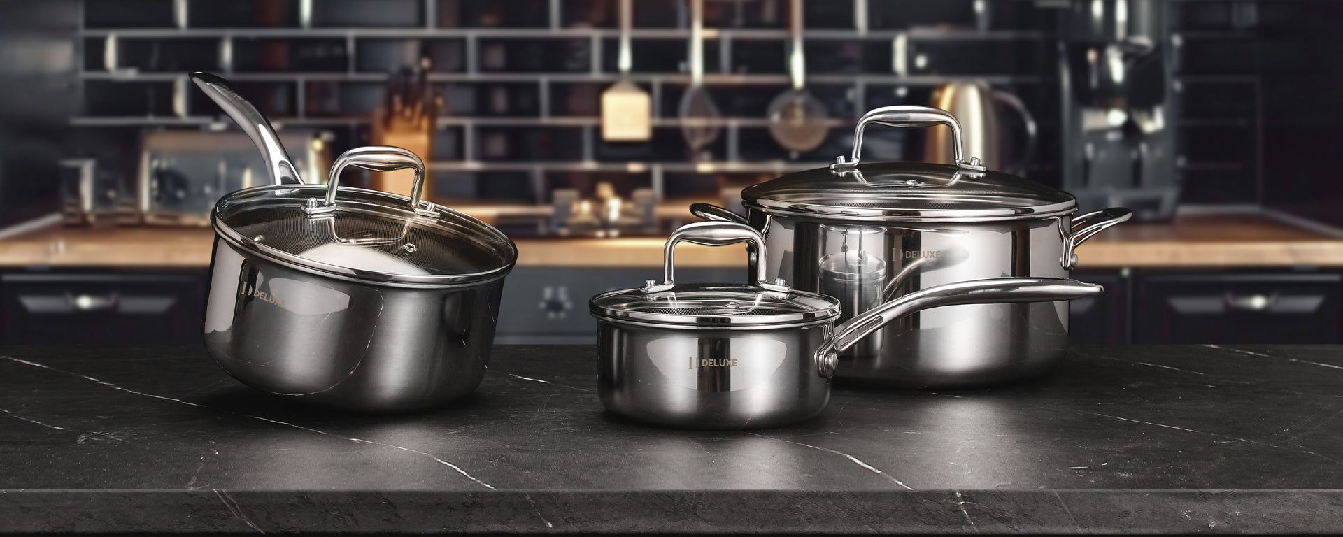 iDeluxeCookware cookware collection banner with frying pans and cookware sets