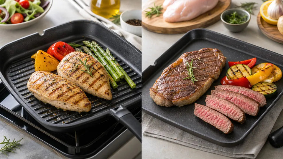 Griddle pan for healthier meat cooking with grilled chicken breast, steak, and vegetables