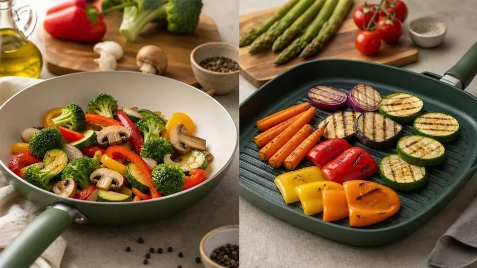 Left: ceramic frying pan with colorful stir-fried vegetables. Right: grill pan with grilled vegetable slices showing dark char marks.