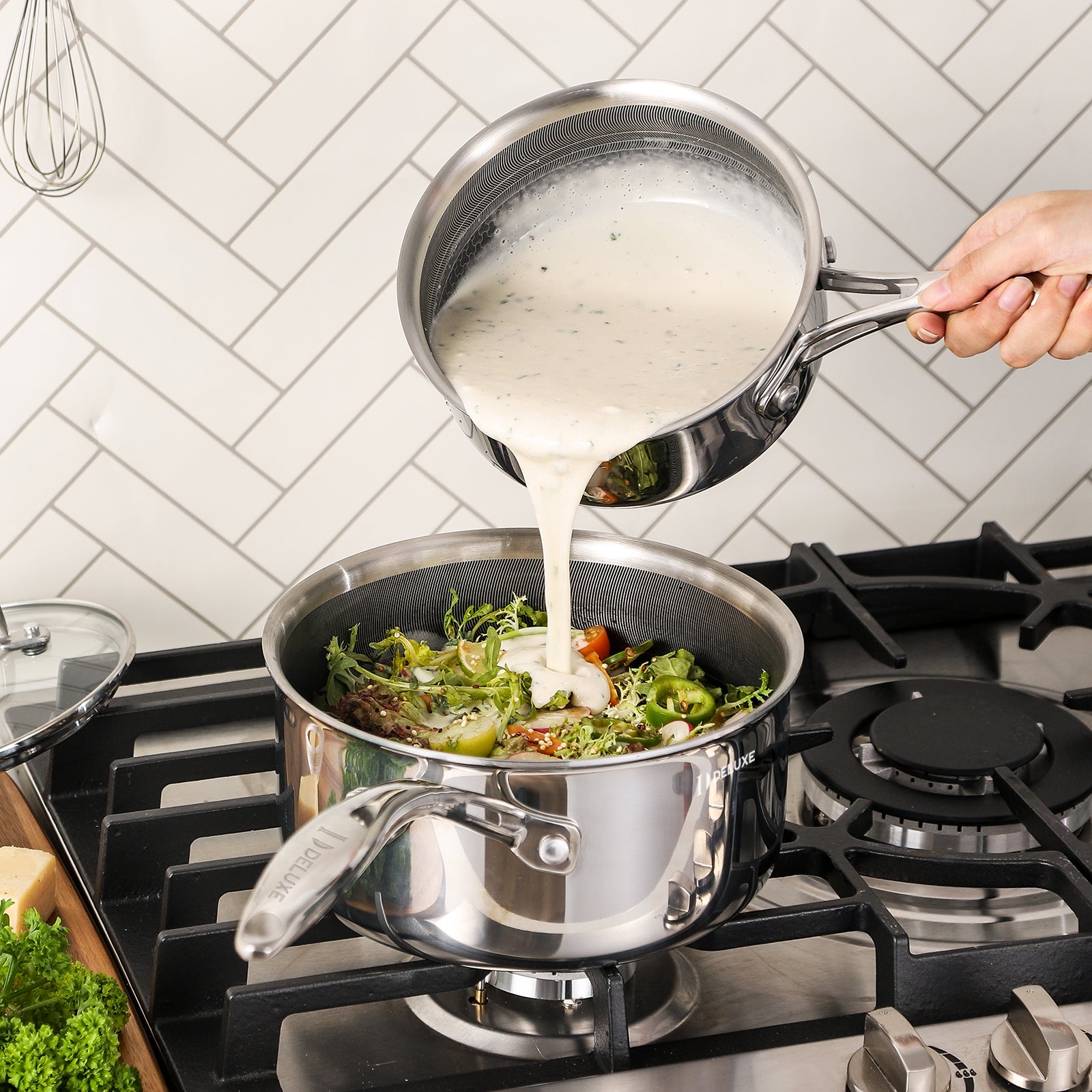 1.3 Qt Hybrid Ceramic Nonstick Stainless Steel Saucepan with Lid - Deluxe Cookware